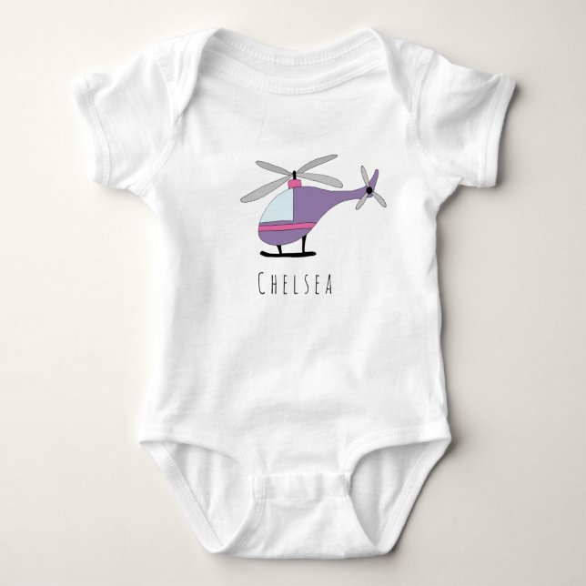 Personalised Girl's Purple Helicopter with Name Baby Bodysuit (Front)