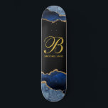 Personalised Girl's Skateboard<br><div class="desc">Personalised gold monogram on black with blue black agate gold glitter edges. Abstract geode</div>