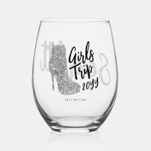 Personalised Girls Trip Disco Mirror Silver Boots Stemless Wine Glass