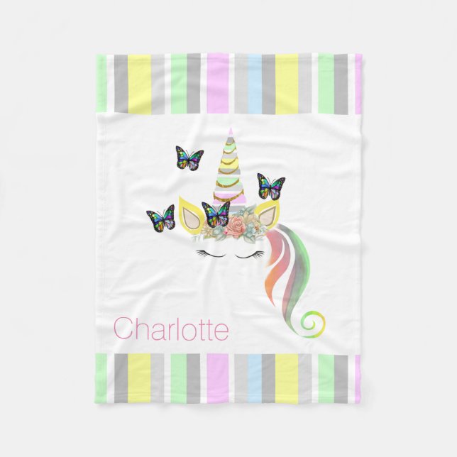 Personalised Girls Unicorn with Pastel Stripes Fleece Blanket (Front)