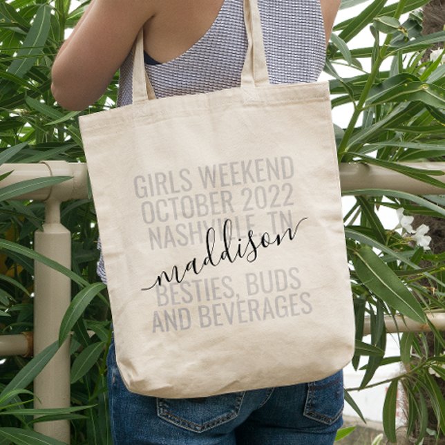 Personalised Girls Weekend Trip Custom Tote Bag (Girls Weekend Trip Personalized Canvas Tote Bag with Names, Date, and Location and fun quote.)