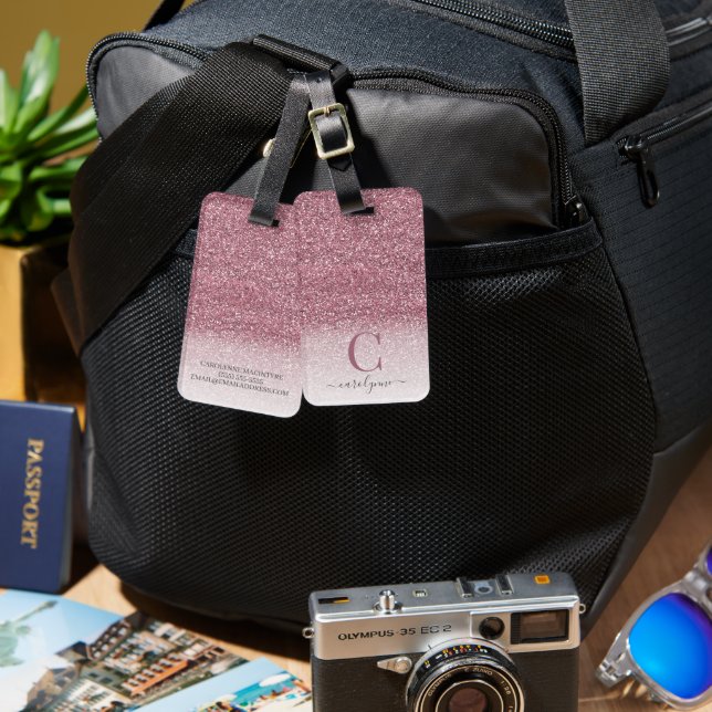 Personalised Girly Blush Pink Glitter Monogram Luggage Tag (Front & Back)