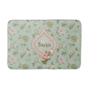 Personalised Girly Chic Green and Pink Floral Bath Mat