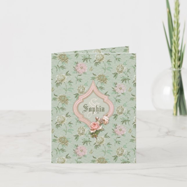 Personalised Girly Chic Green and Pink Floral Note Card (Front)