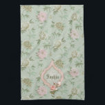 Personalised Girly Chic Green and Pink Floral Tea Towel<br><div class="desc">Pretty cottage chic style floral design featuring pastel pink,  light green and off white flowers on a soft green background with pink framed label with pink rose embellishment. Room for your name and/or monogram.</div>