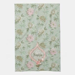 Personalised Girly Chic Green and Pink Floral Tea Towel