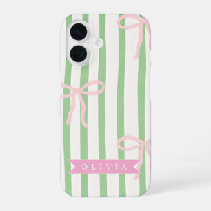 Personalised Girly Coquette Green Stripe Bow iPhone 16 Case