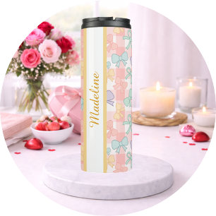 Personalised Girly Cute Bow Name Gingham Thermal Tumbler
