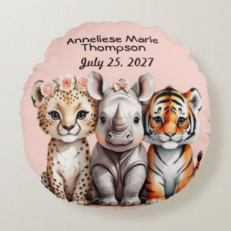Personalised Girly Cute Safari Animal New Baby Round Cushion
