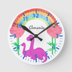 Personalised Girly Dinosaur Whimsical Bedroom Round Clock