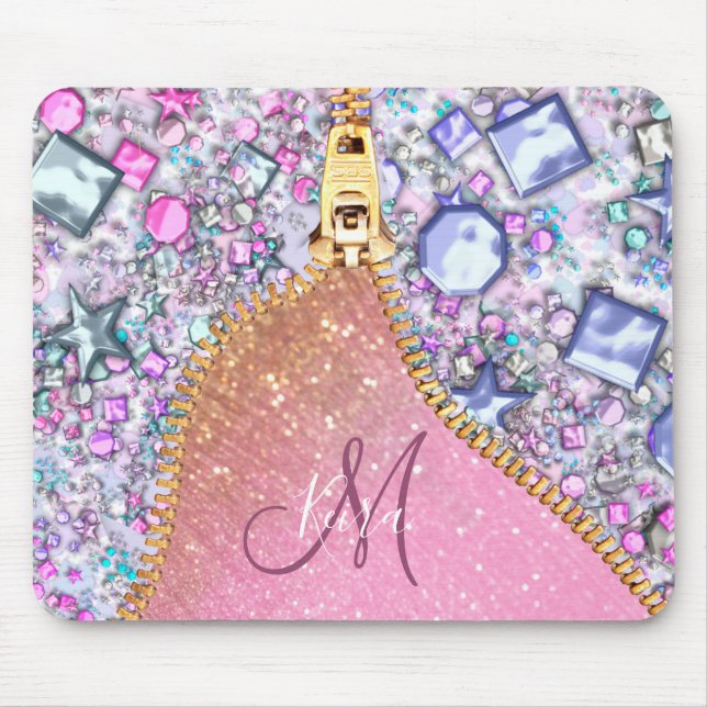 Personalised Girly Gold Glitter Monogrammed Rose Mouse Pad (Front)