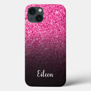 Personalised Girly Hot Pink Glitter Black Ombre iPhone 13 Case
