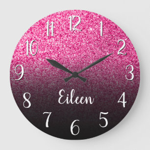 Personalised Girly Hot Pink Glitter Black Ombre Large Clock