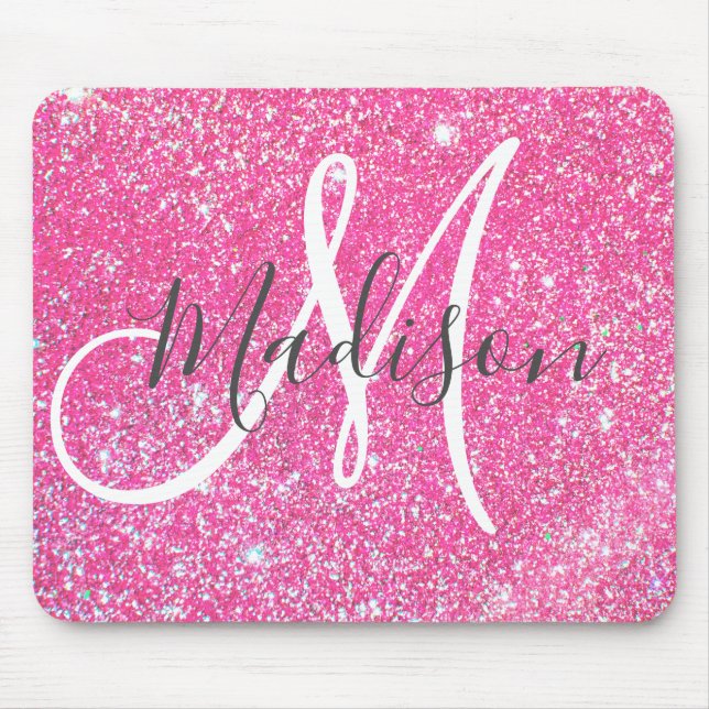 Personalised Girly Hot Pink Glitter Sparkle Name Mouse Pad (Front)