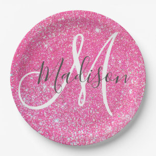 Personalised Girly Hot Pink Glitter Sparkle Name Paper Plate