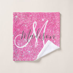 Personalised Girly Hot Pink Glitter Sparkle Name Wash Cloth