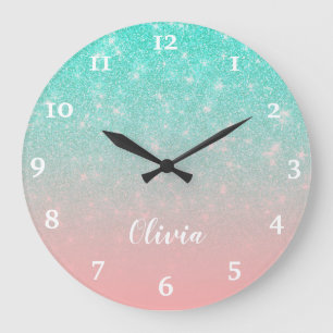 Personalised Girly Mint Pink Glitter Glam Ombre Large Clock