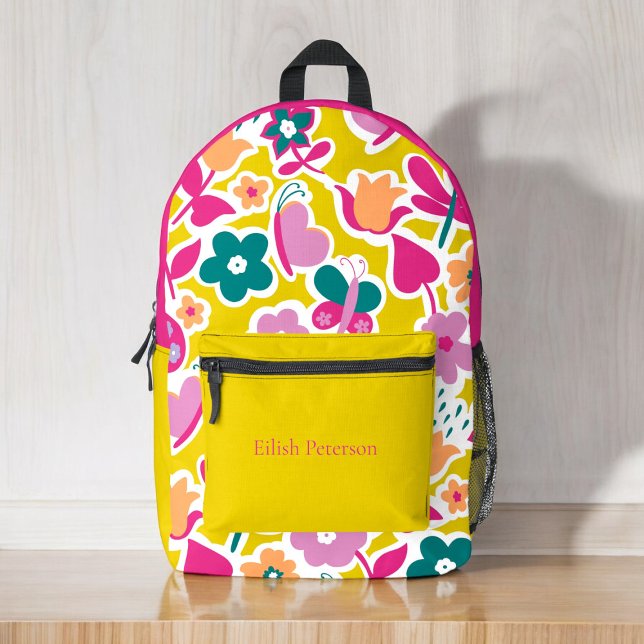 Personalised girly modern abstract flowers kids   printed backpack (personalized colorful floral and butterfiles school bag )