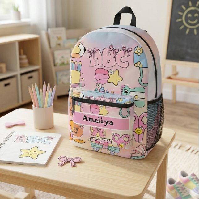Personalised Girly Pastel ABC Icons Back to School Printed Backpack (Creator Uploaded)