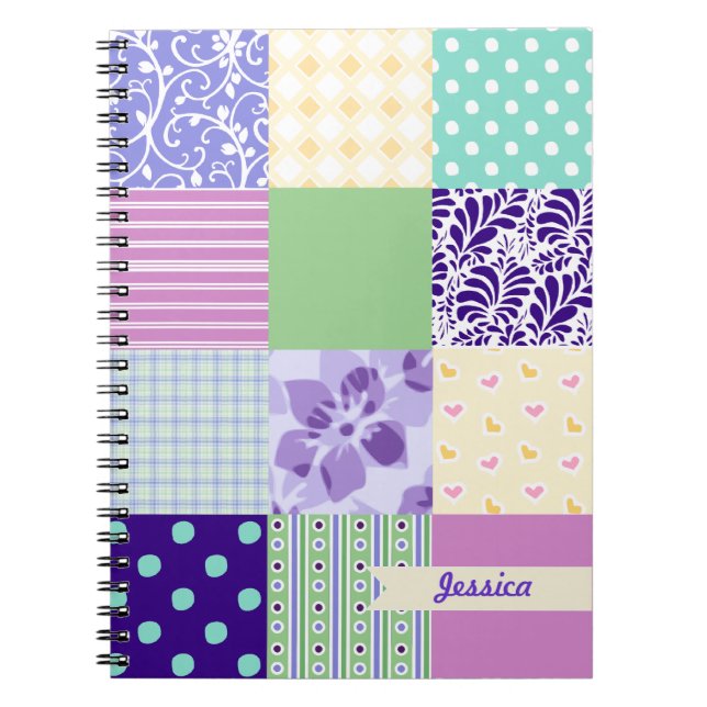 Personalised Girly Pattern Squares Vector Quilt Spiral Notebook (Front)