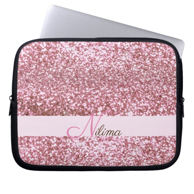 Personalised Girly pink Faux Glitter Sparkles Name Laptop Sleeve (Front)