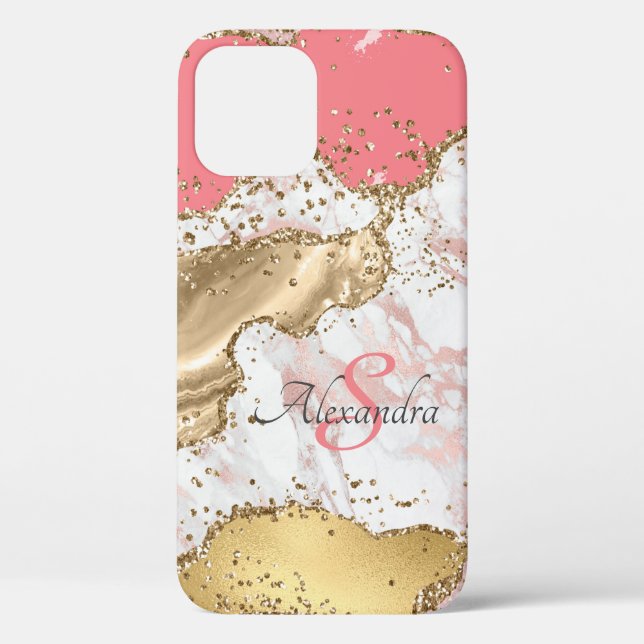 Personalised Girly Pink Glitter Agate Monogrammed Case-Mate iPhone Case (Back)
