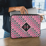 Personalised Girly Pink Glitter Geometric Pattern Laptop Sleeve<br><div class="desc">This personalised girly laptop sleeve features colourful geometric pattern (squares) in pink,  purple glitter,  black and white. Large monogram and name in pretty script font are framed at the centre in matching shades.</div>
