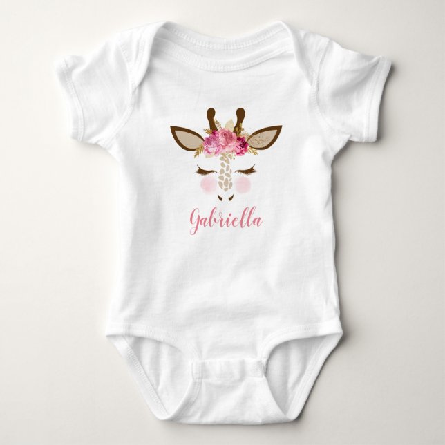 Personalised Girly Pink Gold Floral Giraffe Face Baby Bodysuit (Front)