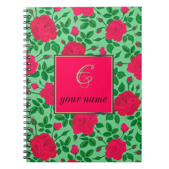 personalised girly pink roses and buds pattern notebook (Front)