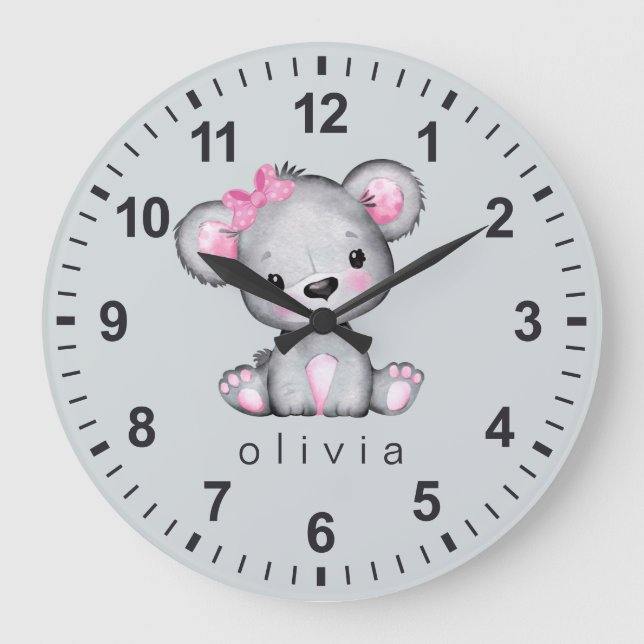Personalised Girly Pink Teddy Bear Grey Large Clock (Front)