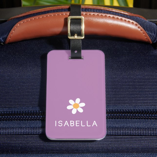 Personalised Girly Purple Daisy Name Luggage Tag (Front Insitu 2)