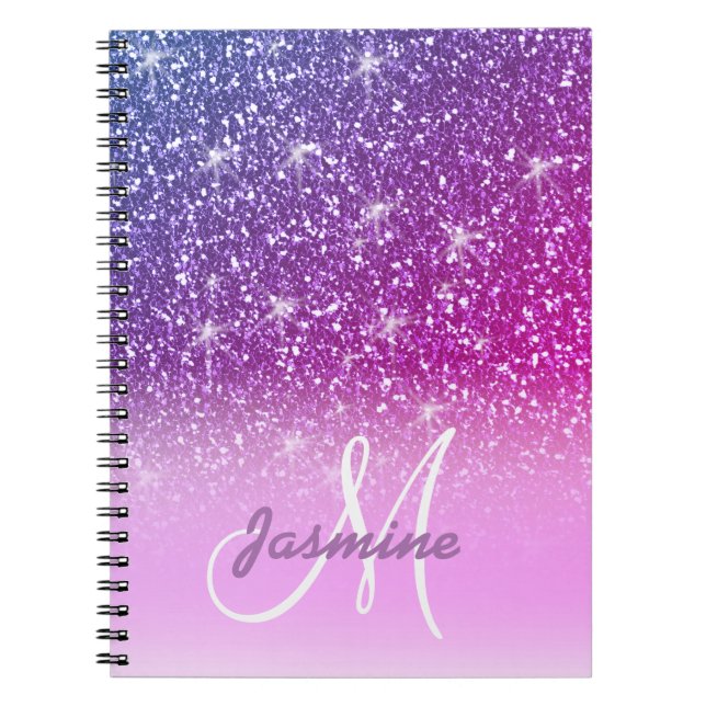 Personalised Girly Purple Glitter Sparkles Name Notebook (Front)