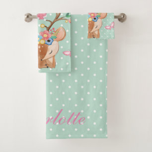 Personalised Girly Reindeer Cartoon Polka dot Bath Towel Set