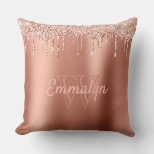 Personalised Girly Rose Gold Coral Glitter Drip Cushion