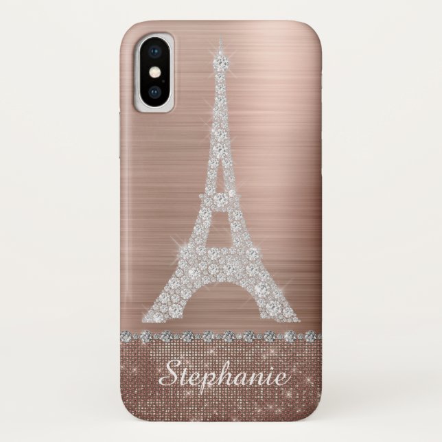 Personalised Girly Rose Gold Diamond Sparkle Paris Case-Mate iPhone Case (Back)