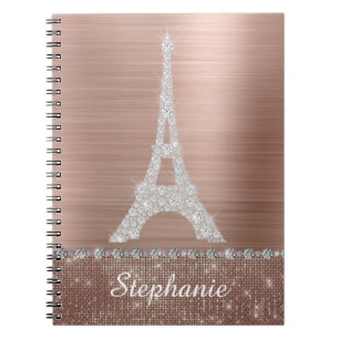 Personalised Girly Rose Gold Diamond Sparkle Paris Notebook