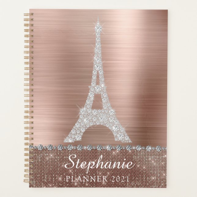 Personalised Girly Rose Gold Diamond Sparkle Paris Planner (Front)