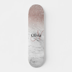 Personalised Girly Rose Gold Glitter Blush Marble Skateboard