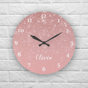 Personalised Girly Rose Gold Glitter Glam Ombre Large Clock