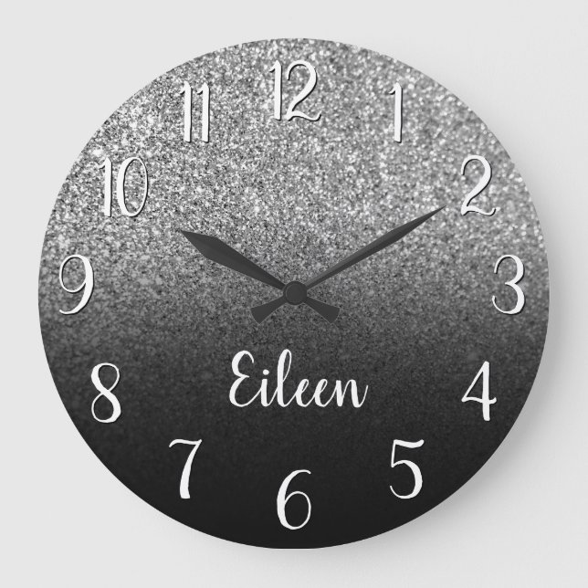 Personalised Girly Silver Glitter Black Ombre Large Clock (Front)