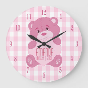 Personalised girly teddy bear with name and date large clock