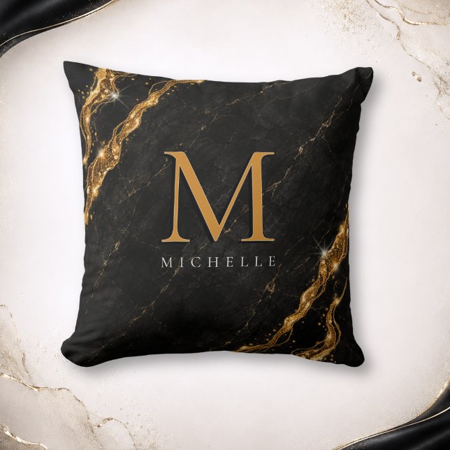  Personalised Glam Black Marble Gold Monogram Cushion (Personalized Glam Black Marble Gold Monogram Throw Pillow)