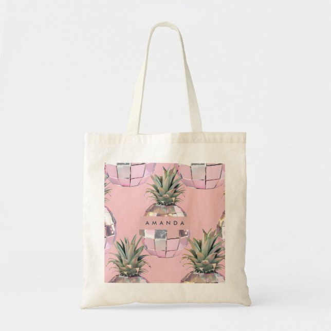 Personalised Glam Disco Pineapple Pink Metallic Tote Bag (Front)