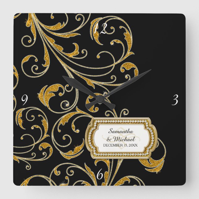 Personalised Glam Old Hollywood Regency Black Tie Square Wall Clock (Front)