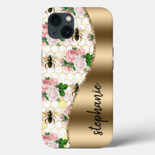 Personalised Glam Pink Gold Floral Bee Pattern iPhone 13 Case