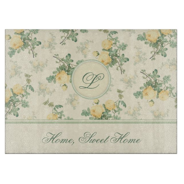 Personalised glass chopping board yellow roses (Front)
