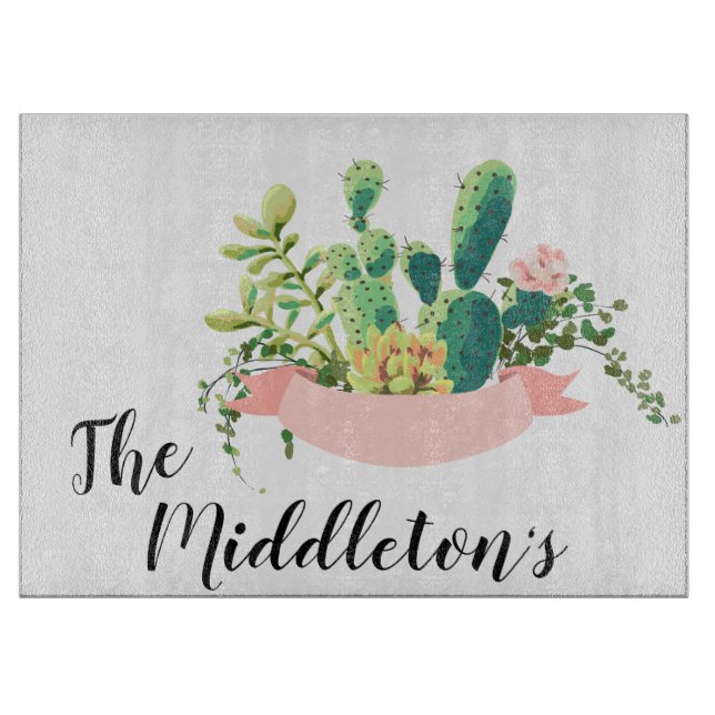 Personalised Glass Cutting Bohemian Cactus Succule Cutting Board (Front)