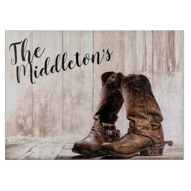 Personalised Glass Cutting boots country rustic we Cutting Board (Front)