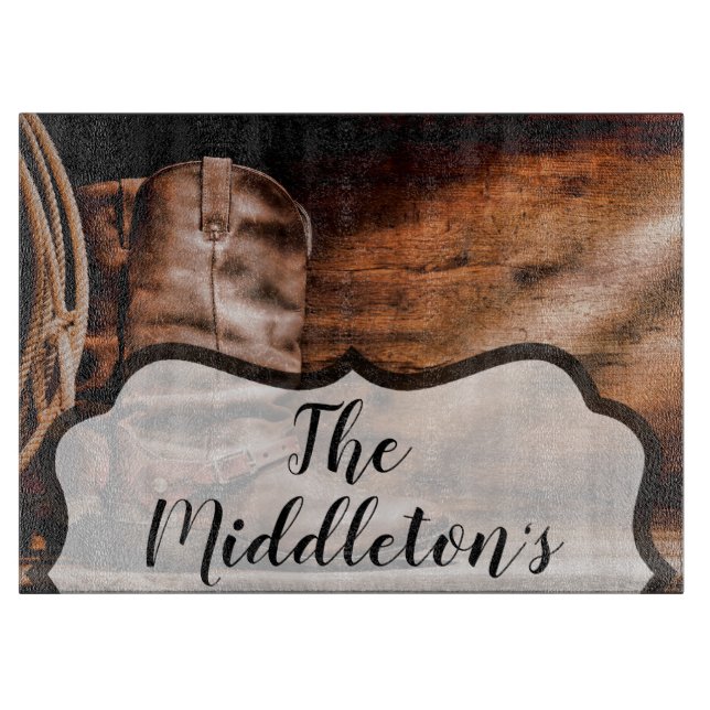 Personalised Glass Cutting Cowboy Boots Barn Wood Board (Front)