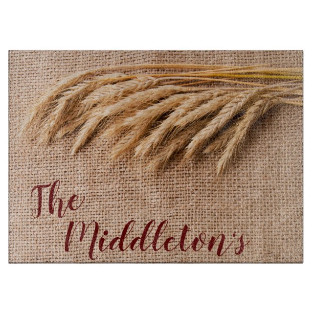 Personalised Glass Cutting Wheat on Burlap Sack Co Cutting Board (Front)
